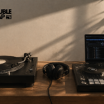 A turntable with vinyl next to a CDJ and laptop setup, Doubleclap Radio