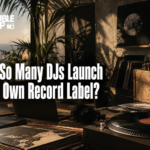Turntable, vinyl records and a home studio setup at golden hour, evoking an independent DJ label's world
