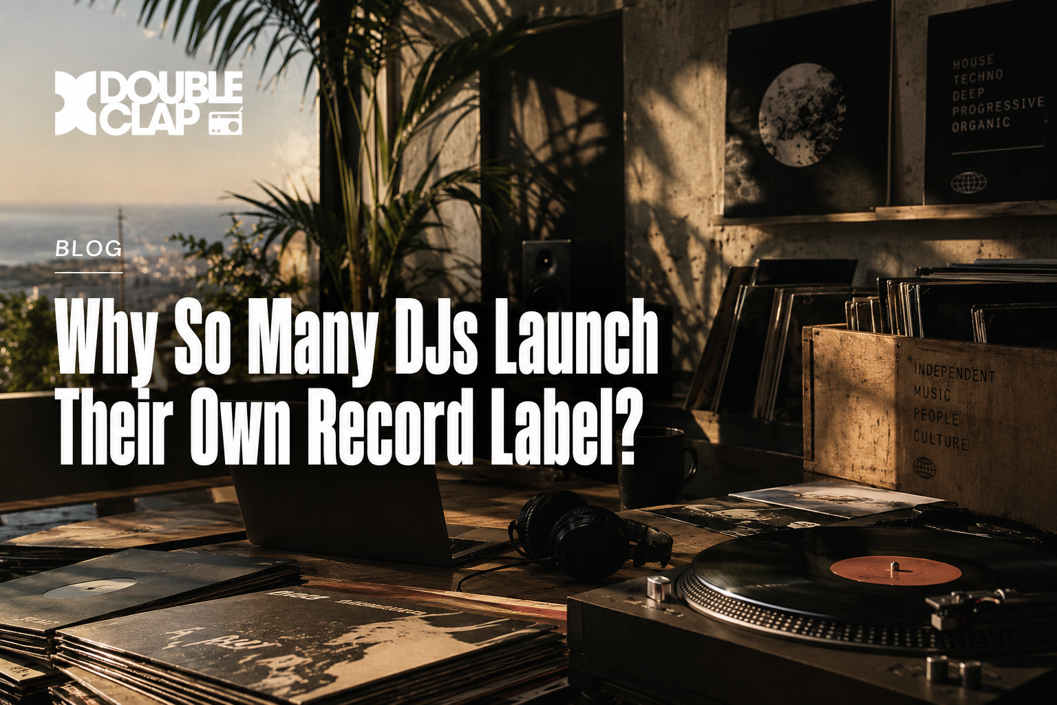 Turntable, vinyl records and a home studio setup at golden hour, evoking an independent DJ label's world